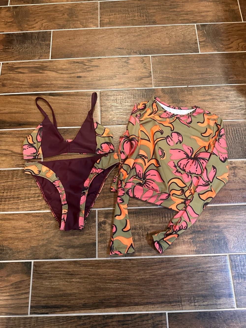 Seea Floral Maroon & Olive Long Sleeve Bikini Set